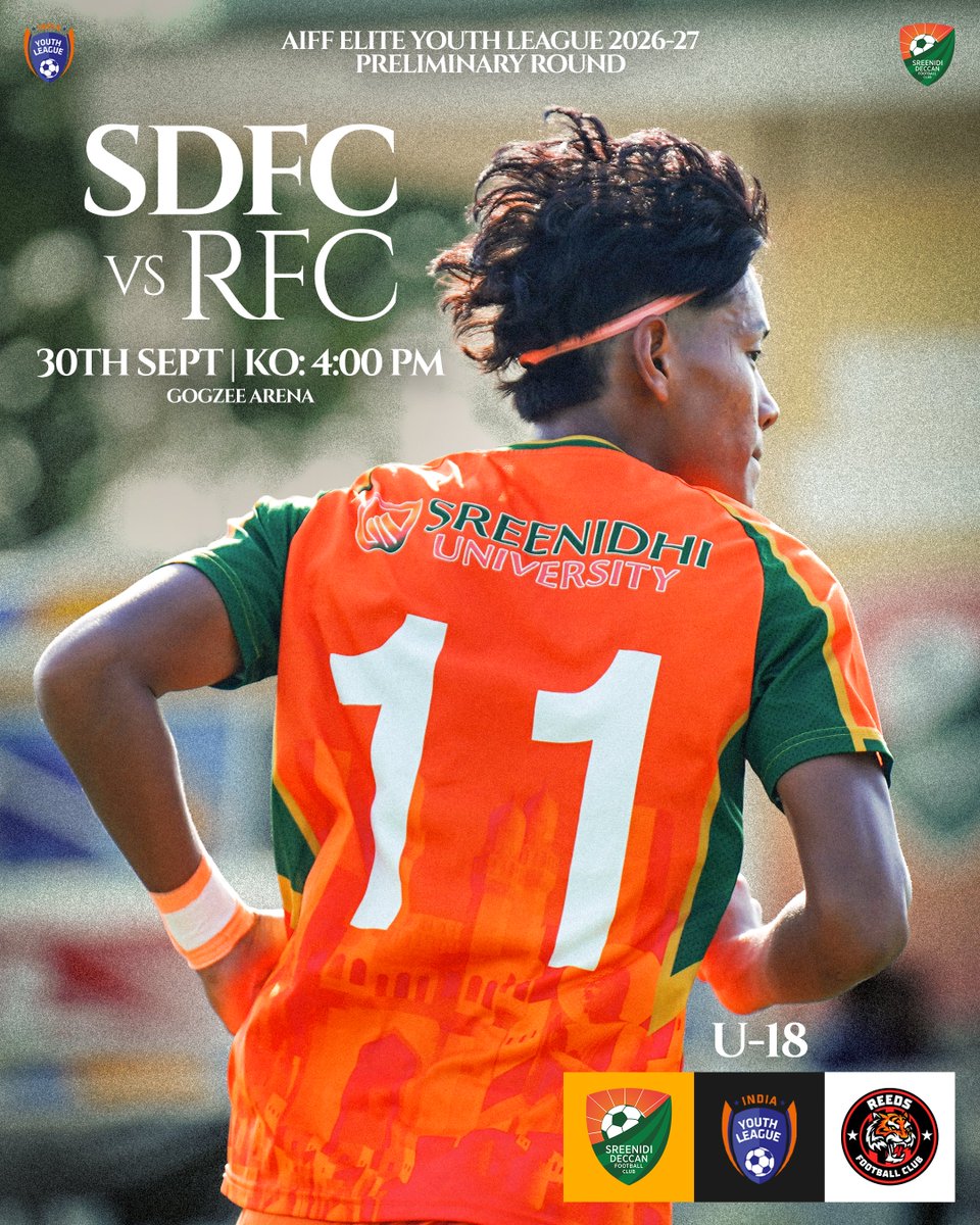 sreenidideccan's tweet photo. The #DeccanWarriors ⚔️ U-18 Boys will face Reeds FC in their second Preliminary Round fixture of the AIFF Elite Youth League 2026-27 🧡💚 

#WeAreSDFC https://t.co/TTFwhTgNdp