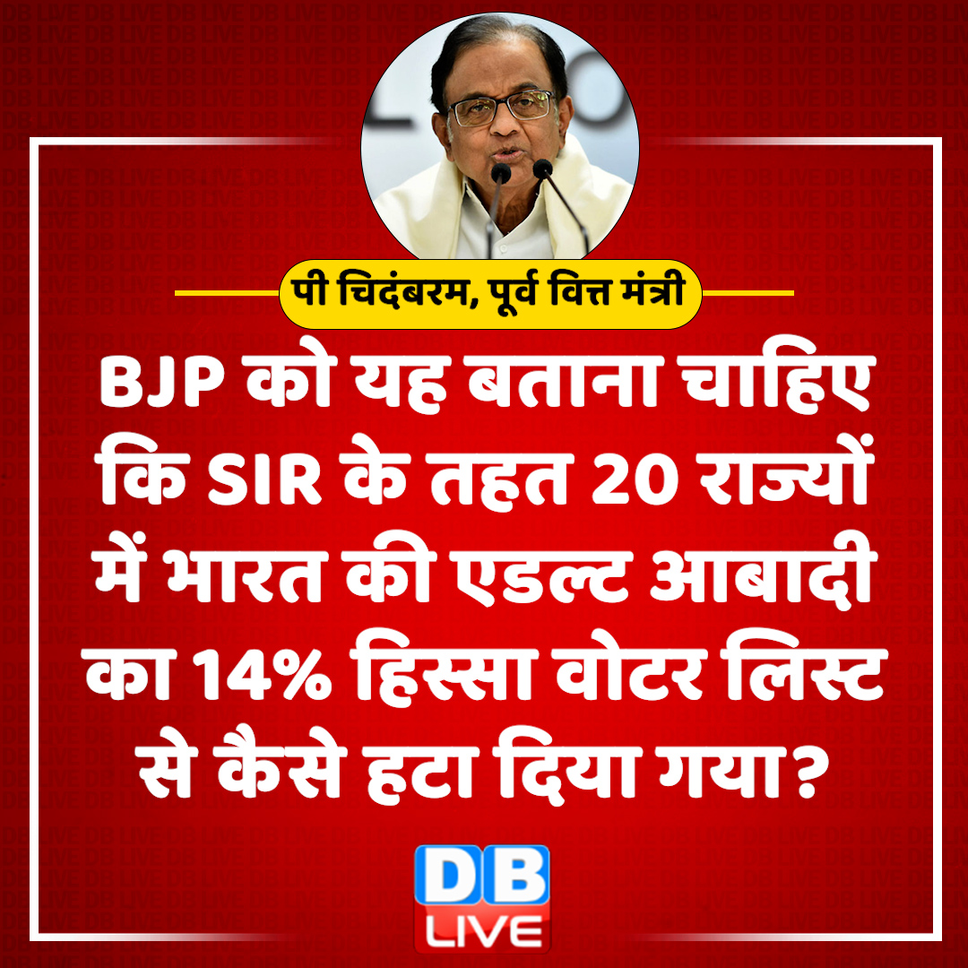 dblive15's tweet photo. कांग्रेस सांसद और पूर्व वित्त मंत्री पी चिदंबरम का BJP से तीखा सवाल
''SIR के तहत 20 राज्यों में भारत की एडल्ट आबादी का 14% हिस्सा वोटर लिस्ट से कैसे हटा दिया गया?''

-पी चिदंबरम, पूर्व वित्त मंत्री
#dblive #SIR #Congress