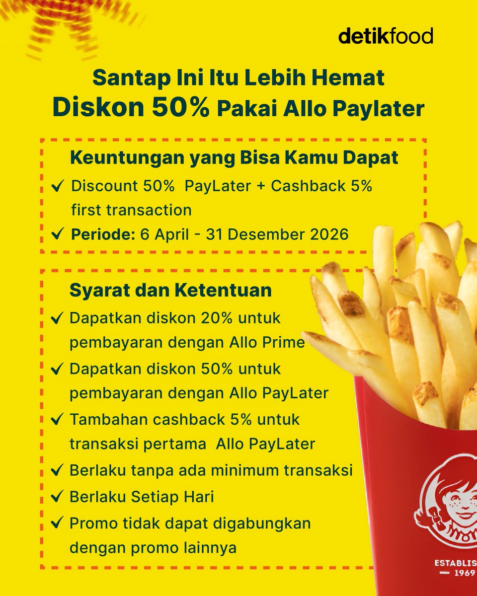 detikfood's tweet photo. Kentang goreng Wendy’s punya potongan natural-cut dengan tekstur renyah di luar dan lembut di dalam. Makin seru, ada promo diskon 50% pakai Allo Paylater, lho!

#detikfood #AlloPaylater #Wendys https://t.co/RpecPjaTFj