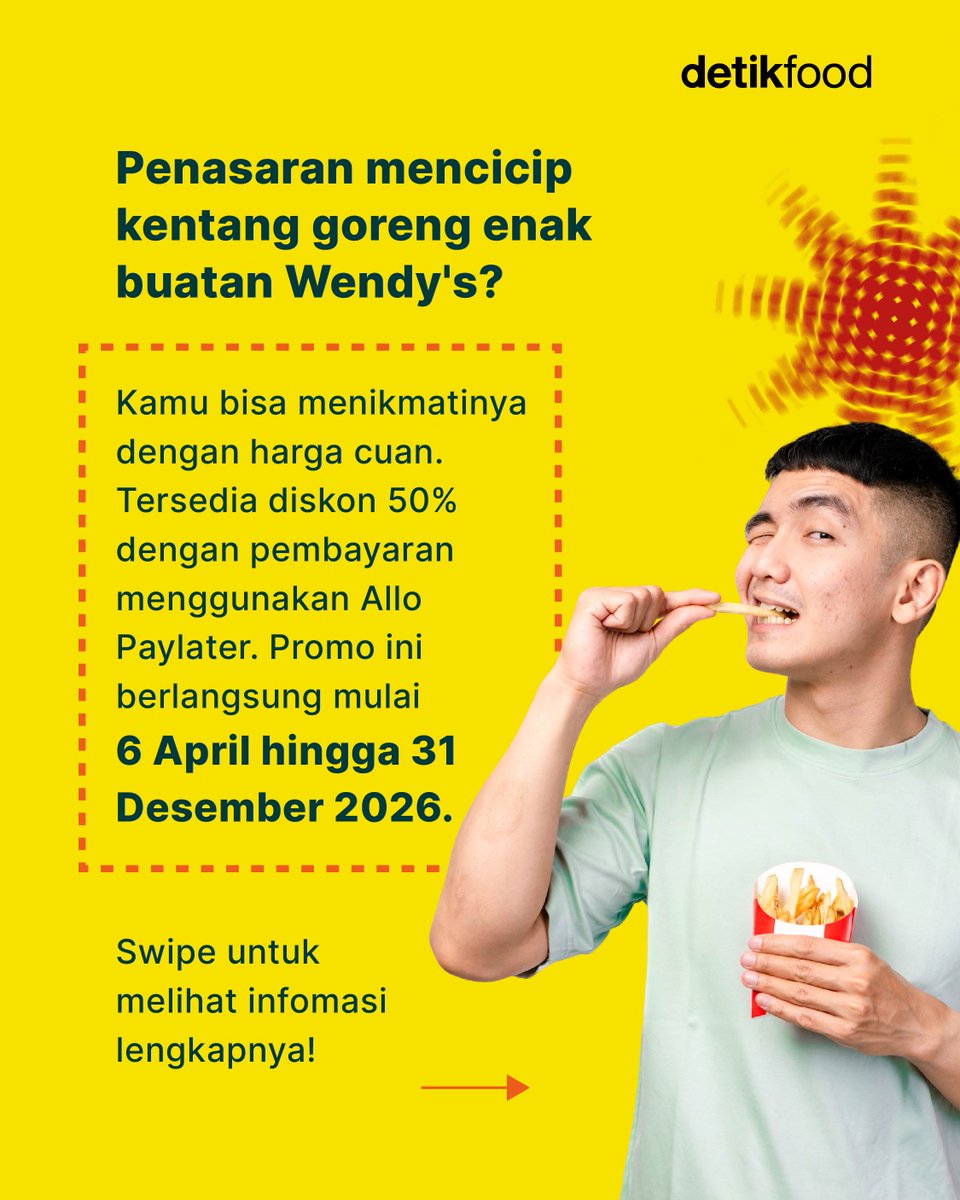detikfood's tweet photo. Kentang goreng Wendy’s punya potongan natural-cut dengan tekstur renyah di luar dan lembut di dalam. Makin seru, ada promo diskon 50% pakai Allo Paylater, lho!

#detikfood #AlloPaylater #Wendys https://t.co/RpecPjaTFj