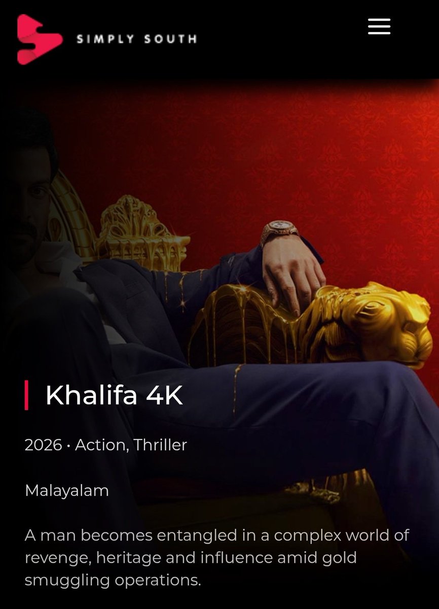 Adhuu0's tweet photo. Khalifa Coming Soon On @SimplySouthApp ( Outside India )🔥

#Khalifa #PrithvirajSukumaran #Mohanlal https://t.co/G6SPbKmtcR
