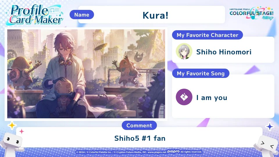 sankurage_'s tweet photo. I made a #COLORFULSTAGE profile card for the World Link Campaign!!!
Fighter you will be remembered
https://t.co/FVNCyZ7XlJ
#SEKAIanniversary https://t.co/21C70b8YMt