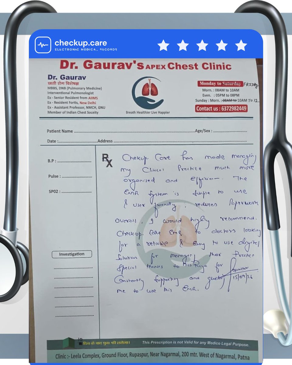 checkupcare's tweet photo. https://t.co/JmgZUguZ6x transformed Dr. Gaurav's clinic's daily practice. Organized. Efficient.
Built for how doctors actually work. A pulmonologist recommending to his peers- you know it works!
#Testimonial #EMR #ClinicManagement #HealthTech #DoctorRecommended ##checkupcare https://t.co/9w9JX7eUPI