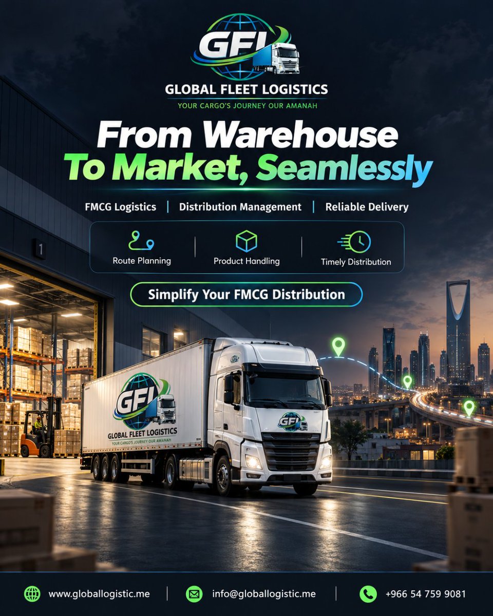 LogisticFleet's tweet photo. Global Fleet Logistic simplifies FMCG distribution with reliable delivery, smart route planning, and seamless movement from warehouse to every market.
https://t.co/1Ui0B9ctjd

#GlobalFleetLogistic #FMCGLogistics #DistributionManagement #ReliableDelivery #RoutePlanning https://t.co/lle4cbljyE