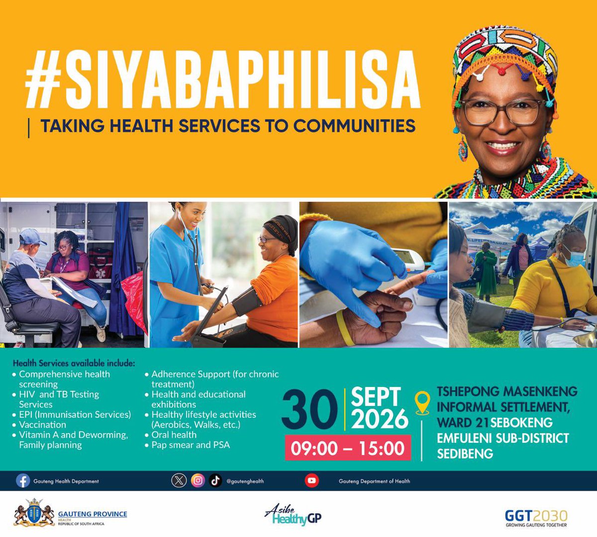 GautengHealth's tweet photo. MEC for Health and Wellness, @FaithMazibukoSA, will be at Tshepong Masenkeng Informal Settlement in Sedibeng for the #Siyabaphilisa campaign today from 09:00 till 15:00. 

Residents are encouraged to make use of the FREE healthcare services available, including HIV and TB testing, cancer screening, immunisation and vaccinations, Vitamin A supplementation and deworming, family planning, oral health services, chronic medication adherence support, Pap smear and PSA screening, Lenacapavir administration and health education.
#AsibeHealthyGP #GrowingGautengTogether