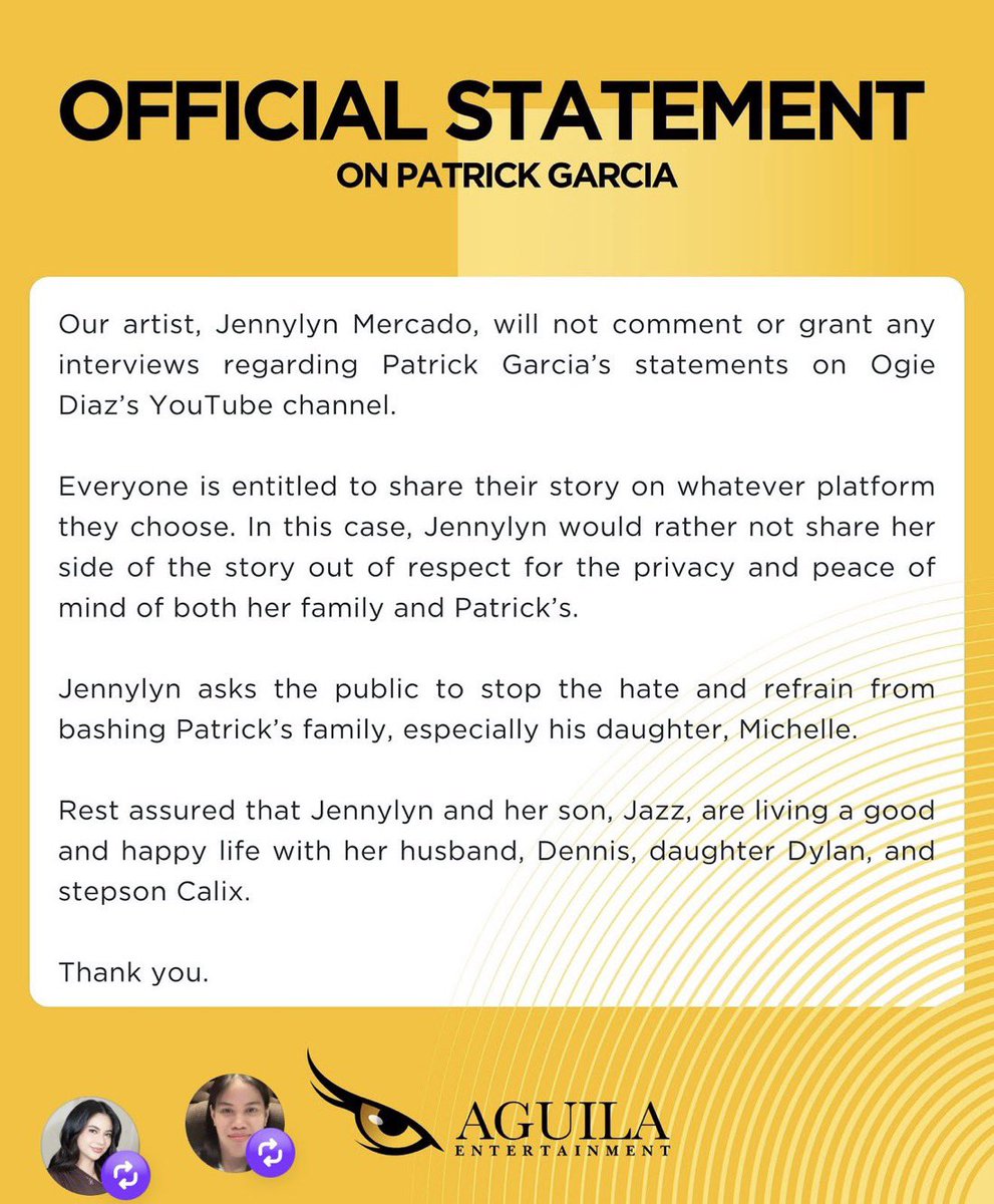 mjfelipe's tweet photo. READ: Jennylyn Mercado's management released this statement on Patrick Garcia's recent statements/interview about their past relationship (18 years ago). 

Mercado, thru this statement, will not comment or grant any interviews, "out of respect for the privacy and peace of mind of both her family and Patrick's."