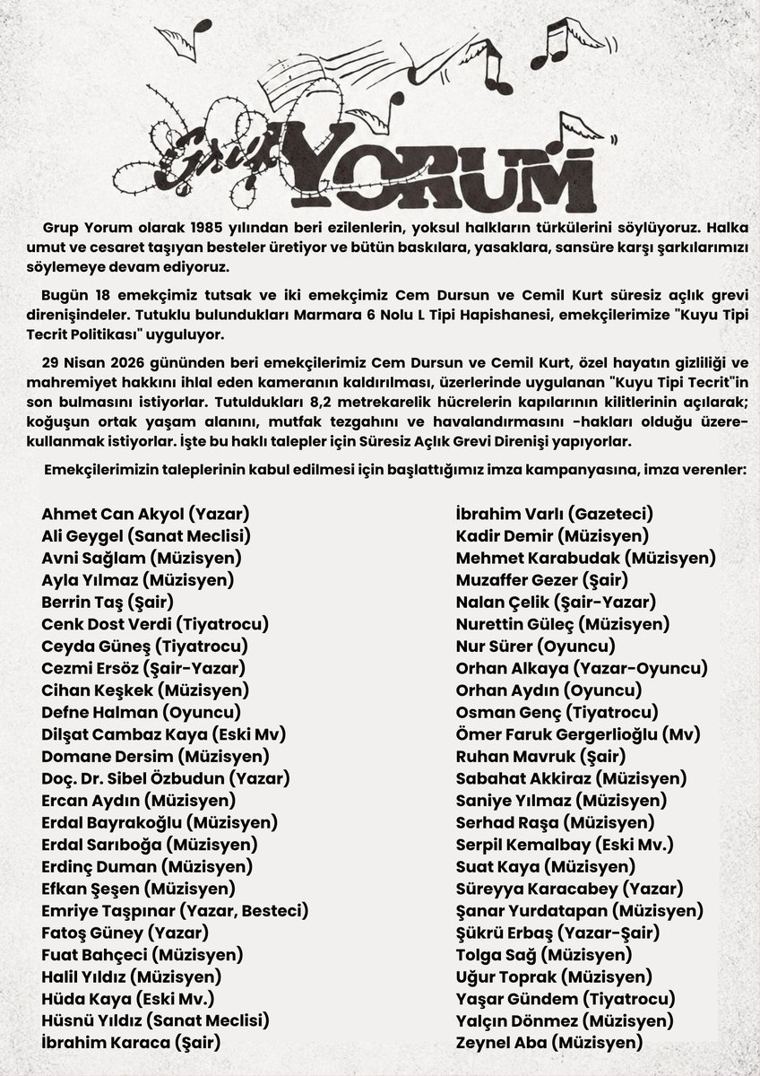 GrupYorum___X's tweet photo. Emekçilerimiz Cem Dursun ve Cemil Kurt, 

29/04/2026'dan beri Marmara 6 No'lu L Tipi Hapishanesi'nde 8,2m²'lik hücrelerde kuyu tipi tecride karşı Süresiz Açlık Grevi Direnişindeler. 

Emekçilerimizin taleplerinin kabul edilmesi için başlattığımız imza kampanyasına, imza verenler: https://t.co/8HPgBhmfoc