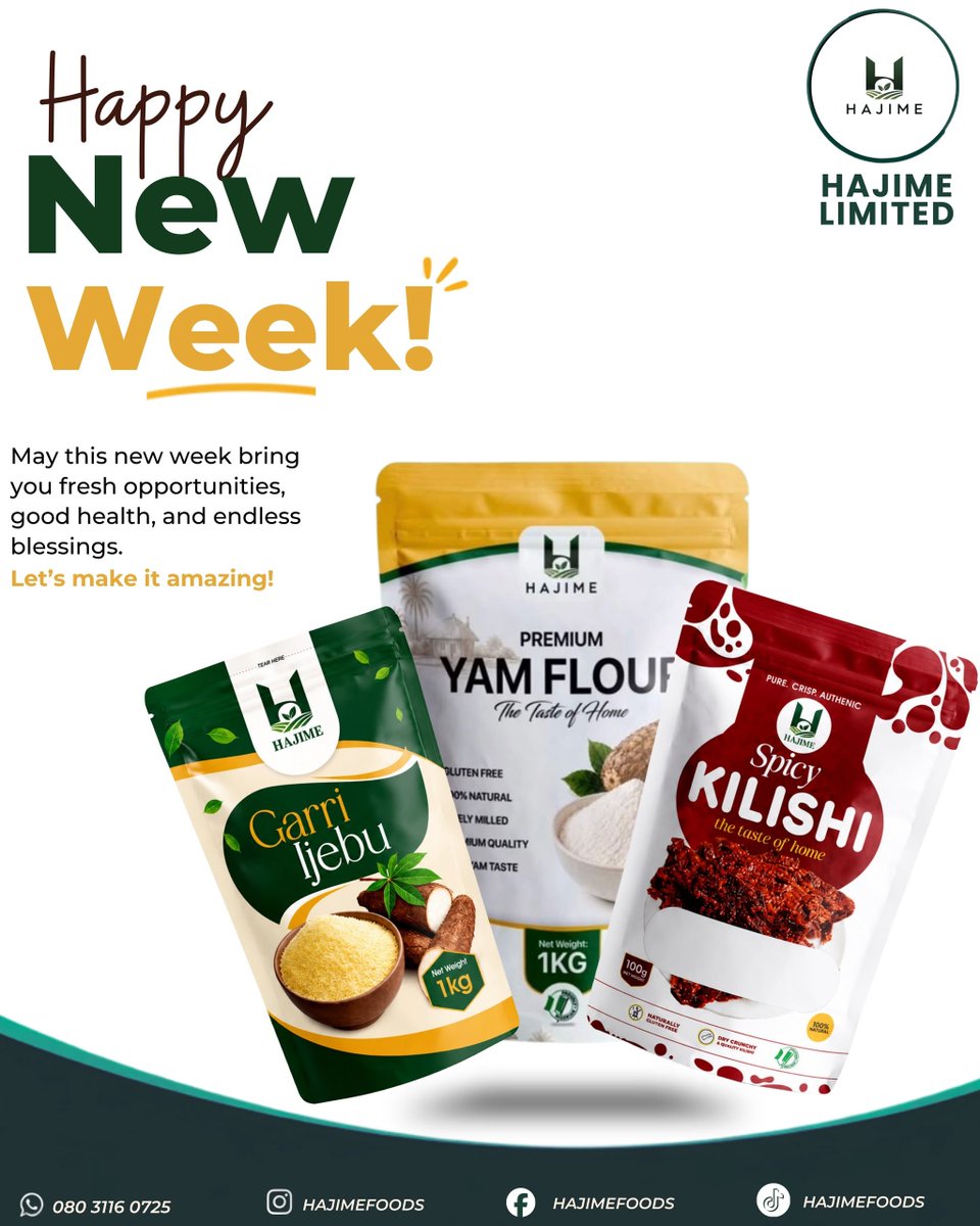 Hajimelimited's tweet photo. Happy Midweek! ☀️
Midweek is a good time to keep things simple, convenient and delicious. 😋

 Yam Flour— ₦6,000
Perfect for a quick, smooth and satisfying meal.

 Ijebu Garri— ₦2,500
Crunchy, refreshing and perfect anytime.

 Kilishi— ₦5,000
Rich, spicy,packed with flavour https://t.co/humRY8sT4Z