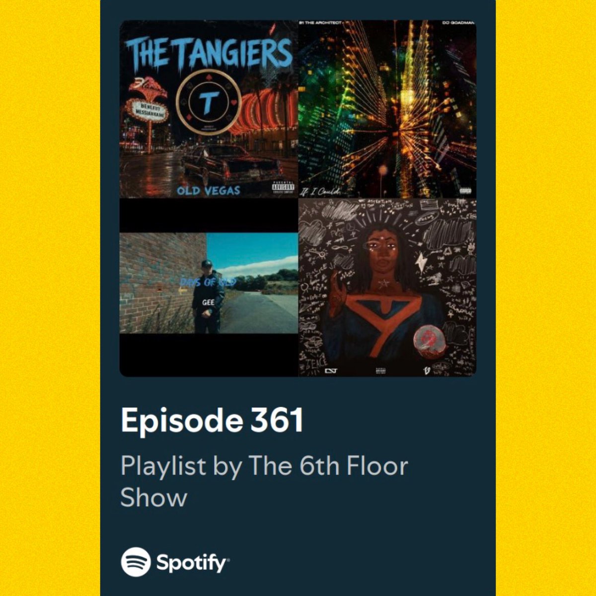 The6thFloorShow's tweet photo. Episode 361 playlist now available on #Spotify #The6thFloorShow 

https://t.co/C4pMhqnrxE https://t.co/9uTG3dkfL9