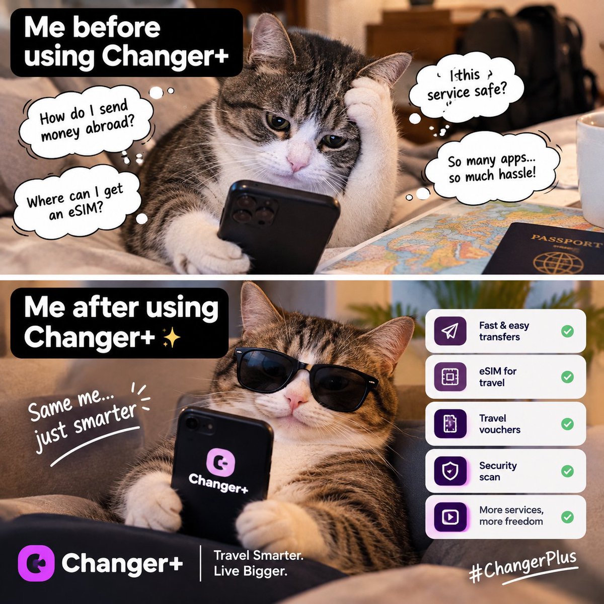 MDRimon92687413's tweet photo. Before Changer+ 😵‍💫
“How do I send money?” “Where can I get an eSIM?” “So many apps!” 😂
After Changer+ 😎✨
Same me, just smarter.

Transfers, eSIM, travel vouchers &amp; more — all in one place.
What would you try first? 👀

@Changer_Plus
#ChangerPlus #ProofOfWork #Crypto https://t.co/QSWE6JsVbV