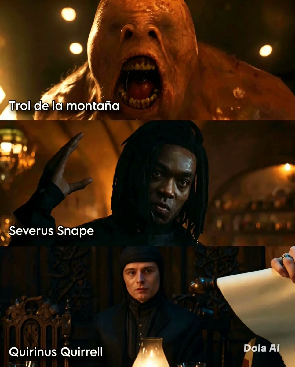 MaryGreew's tweet photo. Photo by La Máscara Geek on September 02, 2026. May be a cartoon featuring text that says “Troll from Troll Mountain, from the mountain, Severus Snape, Quirinus Quirrell, Dola AI. https://t.co/j6i5Dmz3Pq