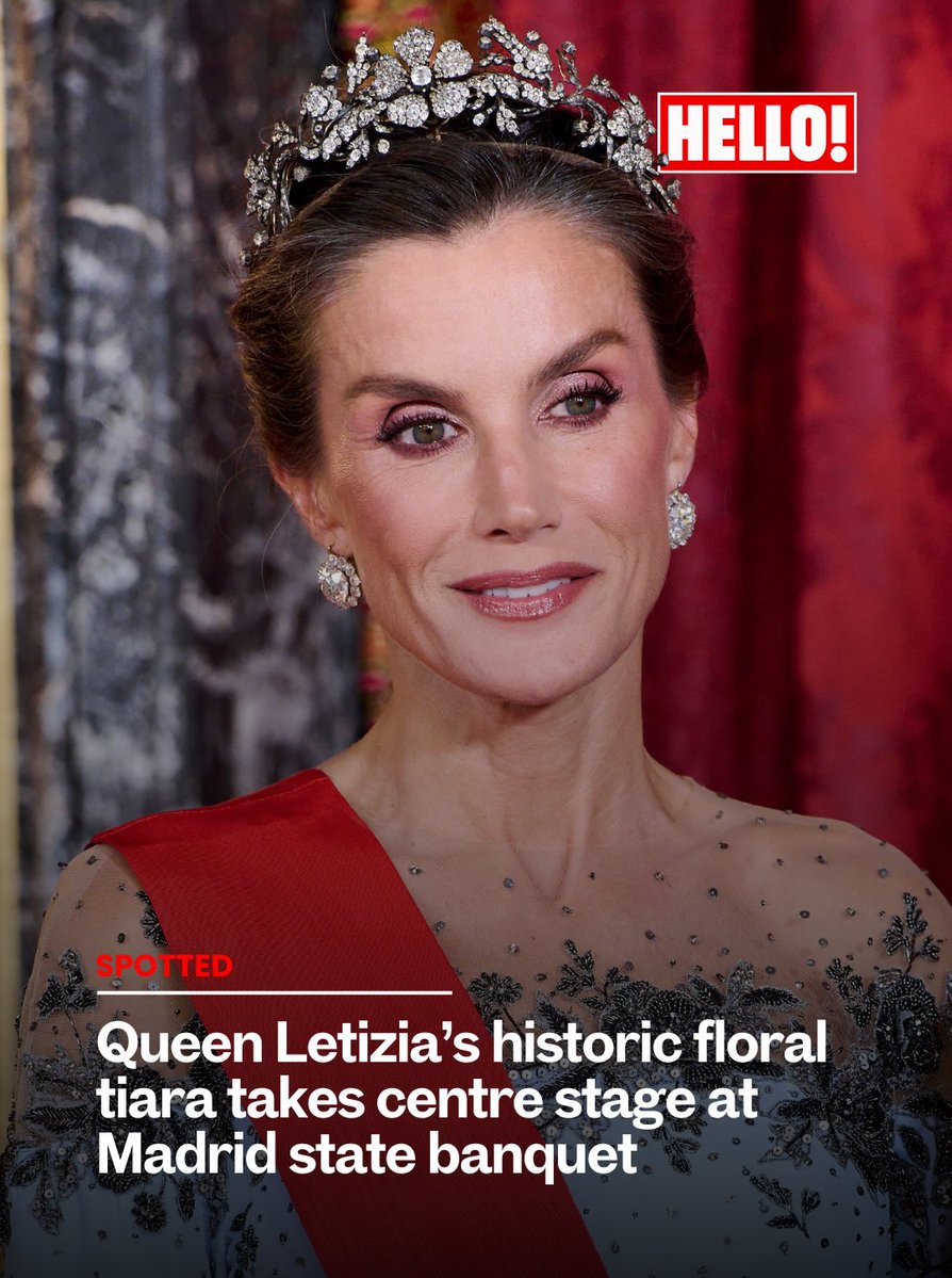 HELLOmagIndia's tweet photo. #QueenLetizia’s historic floral tiara took centre stage at Madrid��s state banquet, where she joined #KingFelipe VI in welcoming French President Emmanuel Macron and Brigitte Macron. She paired her look with a #CarolinaHerrera gown by #WesGordon. #HELLOIndia #HELLOMagazine https://t.co/n3uoTuQIEz