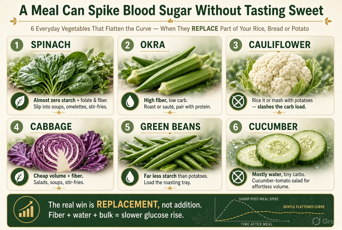 dr_yograj's tweet photo. The Unsweet Spike: 6 Everyday Vegetables That Quiet Blood Sugar Without Tasting Like Salad Punishment
—————————————————
A meal does not need to taste sweet to send blood glucose soaring. Large servings of rice, bread or potatoes deliver a hefty starch load that the body rapidly converts to sugar. @DocPriyamMD , highlights six cheap, familiar vegetables that help when they replace part of that starch rather than sit on top of a full plate of it.
1. Spinach adds fibre and folate with almost no digestible carbohydrate; slip a generous handful into soups, omelettes or stir-fries so the rice portion can shrink.
2. Okra is similarly low-carb and high-fibre; roast or sauté it and pair it with protein plus a modest starch serving
.3. Cauliflower is the most versatile swap: rice it, mash it with potatoes, or use it as a base so the total carbohydrate count of the meal falls. 4.Cabbage supplies inexpensive bulk and fibre in salads, soups or stir-fries, making a smaller pasta or rice serving feel complete.
5. Green beans offer fibre with far less starch than potatoes; load roasted trays with more beans and fewer potatoes
6. Cucumber is mostly water; a cucumber-tomato salad adds volume and almost no calories.
The physiology is simple. These vegetables contribute fibre, water and physical bulk while contributing very little rapidly digestible carbohydrate. Fibre slows gastric emptying and intestinal glucose absorption, flattening the post-meal rise. The critical detail is replacement, not addition: piling vegetables onto an unchanged mountain of rice changes little.
As a clinician - I consider this advice practical and evidence-aligned. Non-starchy vegetables remain a first-line dietary tool for glycaemic control in diabetes, prediabetes and insulin resistance. The emphasis on swapping rather than stacking is what most patients miss and what actually moves the needle. The suggestions are culturally adaptable, inexpensive and easy to implement at home. They are not a cure or a licence to ignore overall calorie balance, protein, activity or prescribed medication. Individual glucose responses differ; people who use insulin or oral agents should still monitor their own readings and adjust with their own doctor. Used consistently as part of a larger pattern, however, these six ordinary vegetables reliably reduce the starch burden of everyday meals and make steadier blood sugar more achievable. #MedTwitter #MedEd #MedX @IhabFathiSulima @ajaykraina @mekarora @sowmiyasid @ravikarkara