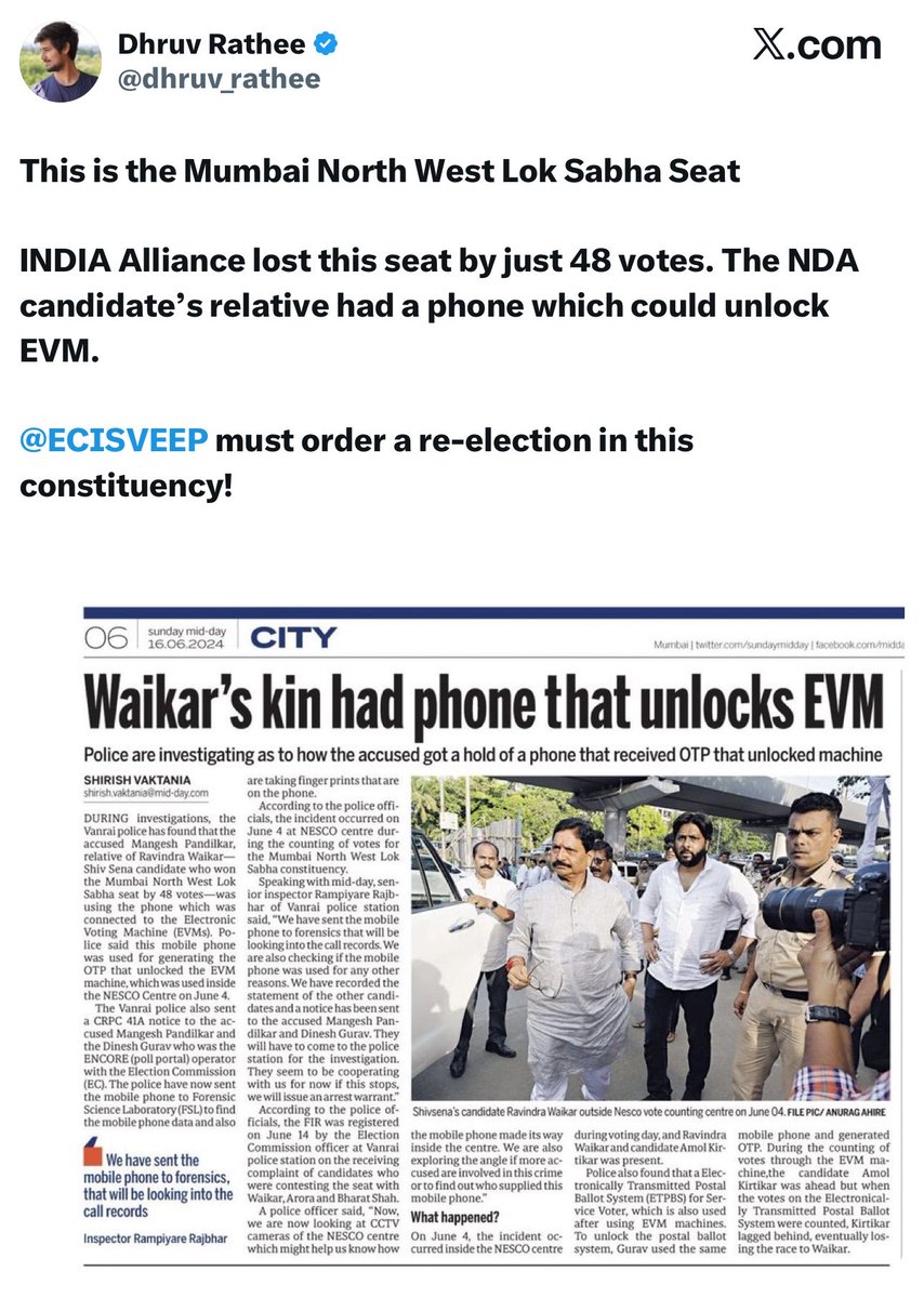 FabulasGuy's tweet photo. Remember the Maharashtra EVM episode?

Mid Day reported that a phone was used to unlock an EVM through an OTP.

It turned out to be false. The Returning Officer and ECI debunked the claim, and Mid Day itself issued a clarification and regretted the error.

But before the truth came out, the entire INDI ecosystem had already amplified it and created huge outrage.

And same is still happening today.
