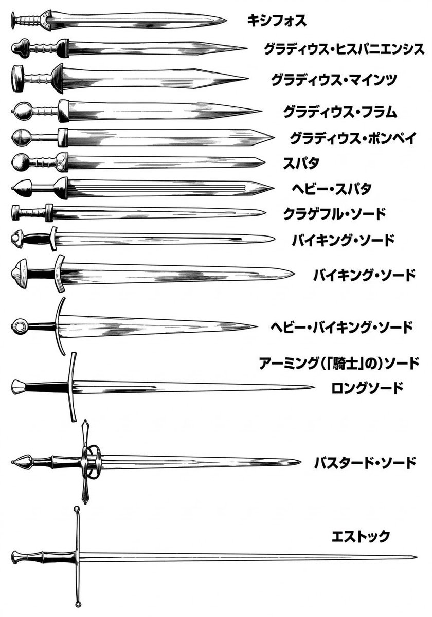 8wa16's tweet photo. 約2000年の剣の歴史

上からおよそ紀元前5世紀（紀元前500年頃）から16世紀（1500年代）頃までの、古代ギリシャから中世・近世ヨーロッパにおける剣の進化。 https://t.co/9jTBDC6rzH