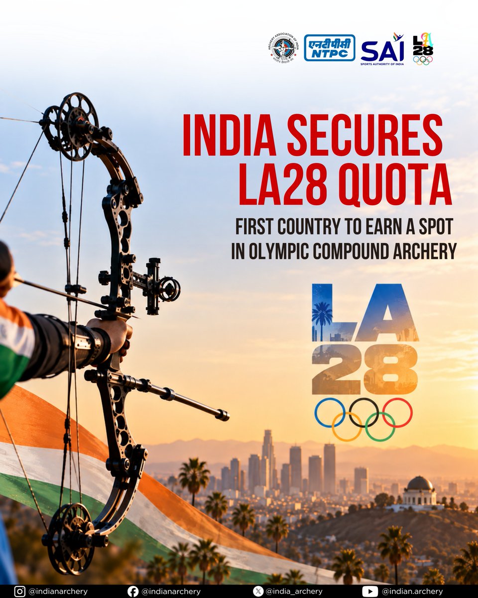 india_archery's tweet photo. HISTORY IN COMPOUND ARCHERY 🇮🇳🏹
India has secured an LA28 Olympic quota place in Compound Archery, becoming the first country to do so for the LA28 Games.
A landmark moment as the road to Los Angeles begins. 🇮🇳🎯
#IndianArchery #LA28 #CompoundArchery https://t.co/UGkTRnX4bg