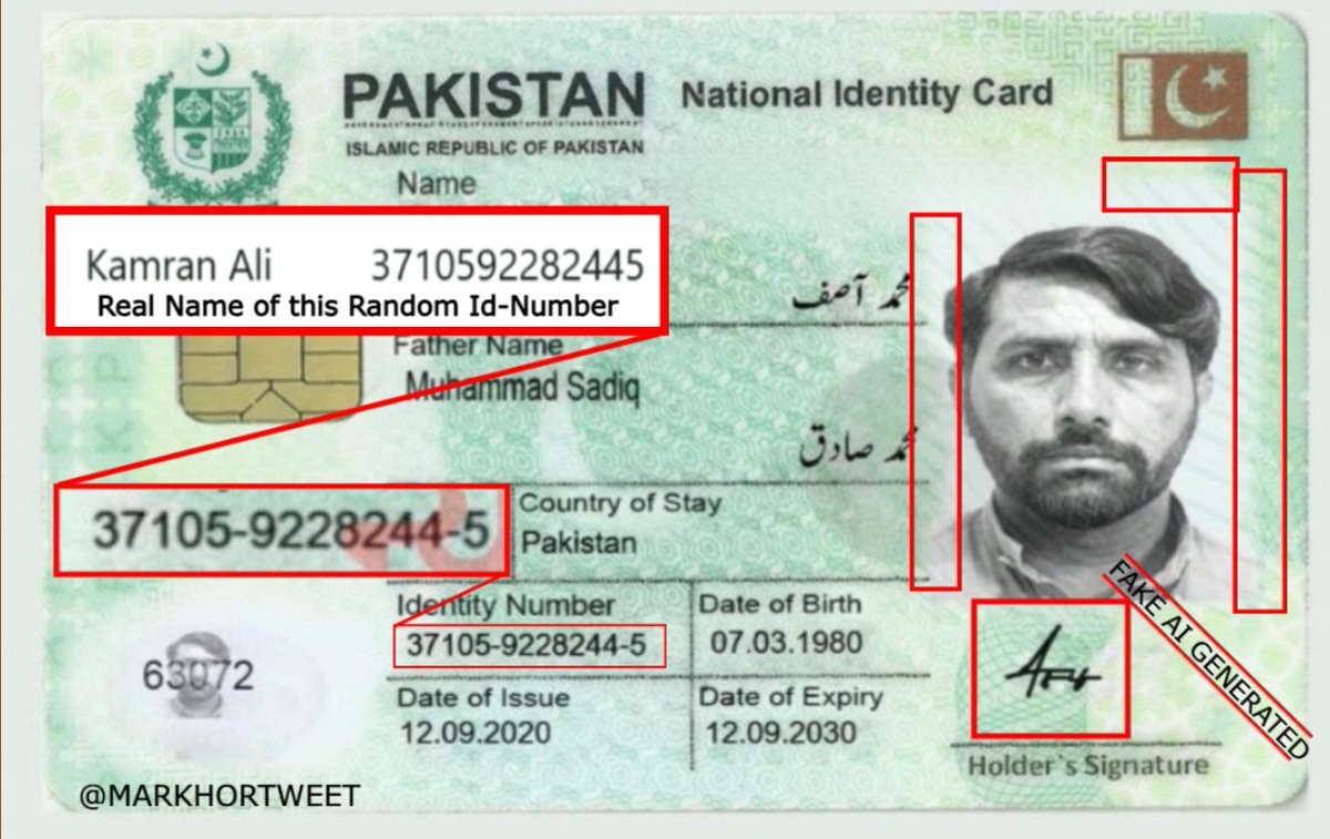 MarkhorTweet's tweet photo. Alert:
Some Indian propaganda accounts are spreading a fake picture of an ID card, claiming it is the ID card of a militant involved in the Pahalgam attack.
These pictures are fake and fabricated. Indians used a random CNIC number of a Pakistani civilian named Kamran Ali. https://t.co/Dv4iwww15s