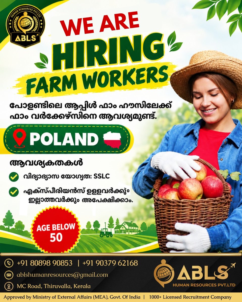 ABLS_HR's tweet photo. POSITION: - FARM WORKERS.
LOCATION: POLAND
.
Call Us Today for a Job Abroad
Contact No: +91 813618195
.
Location: ABLS HUMAN RESOURCES PVT. LTD,
1st Floor, Kurishumoottil Buildings,
Mazhuvangad, Thiruvalla
.
FOR MORE VISIT: https://t.co/MLAjXlohSz
.
#abroadjobs #jobopportunity https://t.co/hWmI1247yZ