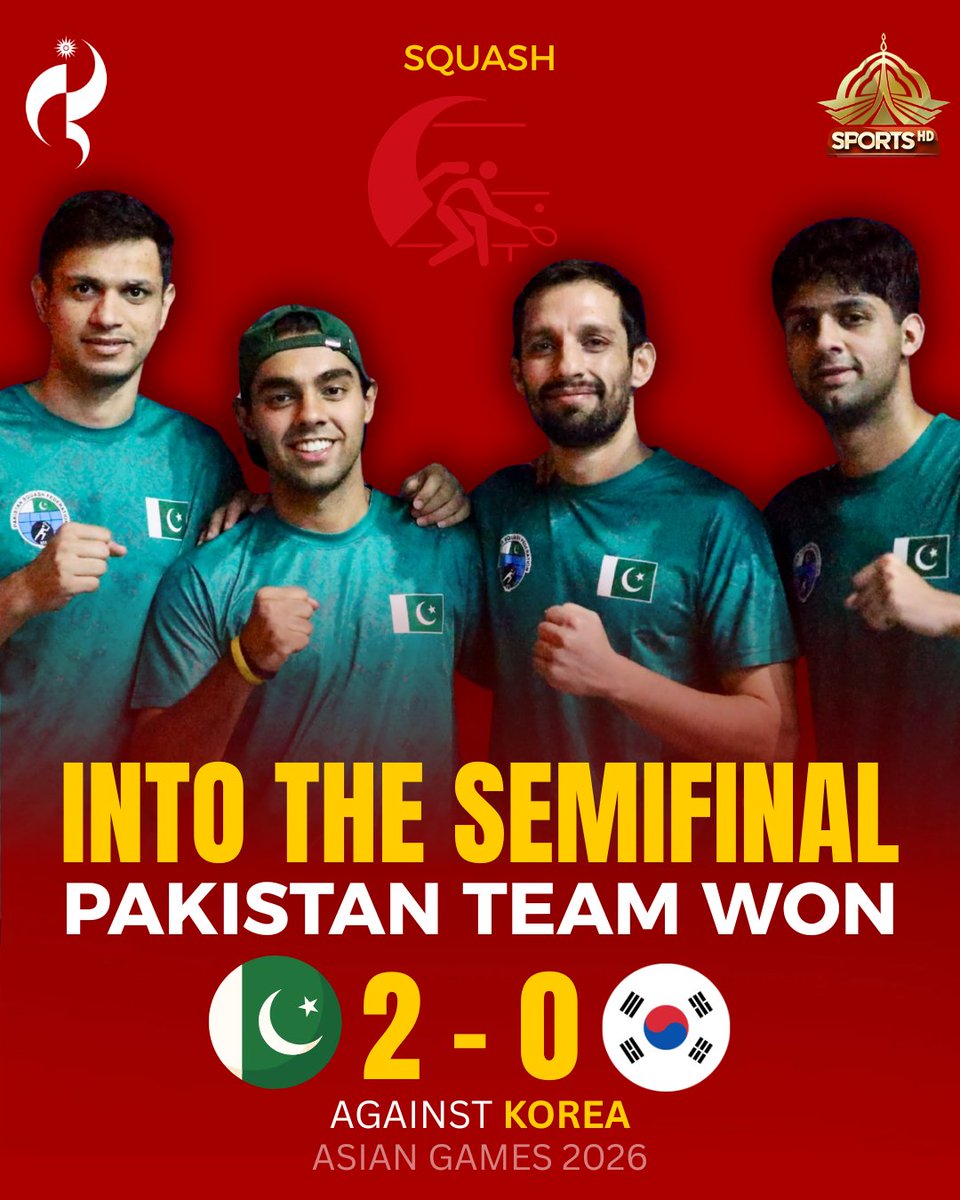 PTVSp0rts's tweet photo. 🎖️ Another medal confirmed 🇵🇰 as Pakistan men's squash team produced a flawless display to defeat South Korea 2-0, securing their spot in the Asian Games men's team semi-finals.
#PTVSports
#AsianGames2026 #Squash #PakVsKor https://t.co/reAcYTWuZ5