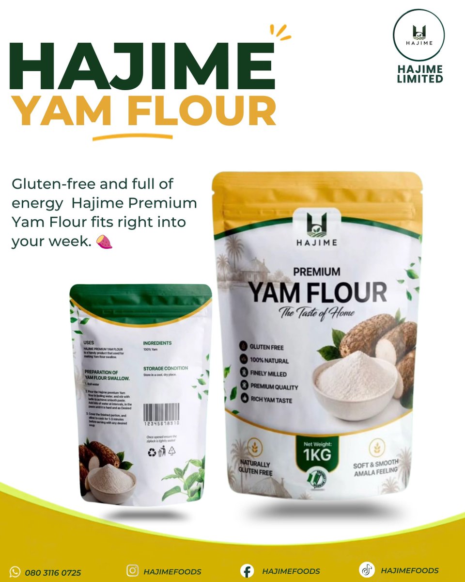 Hajimelimited's tweet photo. Happy Midweek! ☀️
Midweek is a good time to keep things simple, convenient and delicious. 😋

 Yam Flour— ₦6,000
Perfect for a quick, smooth and satisfying meal.

 Ijebu Garri— ₦2,500
Crunchy, refreshing and perfect anytime.

 Kilishi— ₦5,000
Rich, spicy,packed with flavour https://t.co/humRY8sT4Z