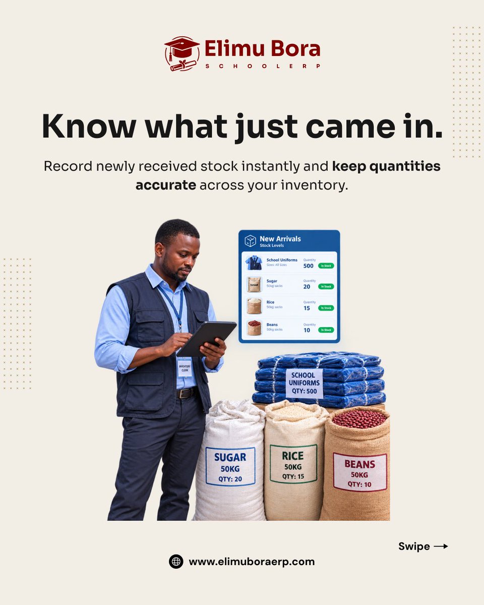 elimuboraerp's tweet photo. Books, uniforms, food supplies and more. Keep school inventory under control with Elimu Bora ERP.

Assign books, track incoming stock and get low-stock alerts before essentials run out.

Your school operations simplified.

Book a free demo: +254 798 646 579

#ElimuBoraERP #EdTech https://t.co/BnZxmxUXl5