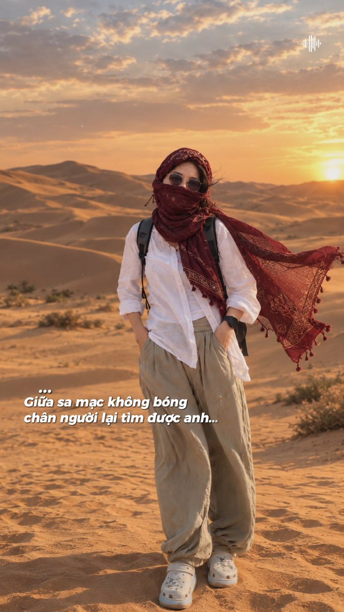 A person dressed in desert attire, including a red scarf, white shirt, and beige pants, stands in a sandy landscape at sunset with Vietnamese text overlay.