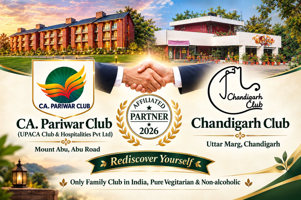 PariwarClub's tweet photo. A new chapter of connection, hospitality and memorable experiences begins! β¨ CA. Pariwar Club (UPACA Club & Hospitalities Pvt. Ltd.), Mount Abu, Abu Road, is now proudly affiliated with Chandigarh Club, Uttar Marg, Chandigarh, as an official Partner for 2026.#ClubAffiliation https://t.co/4z6qM1HVBr