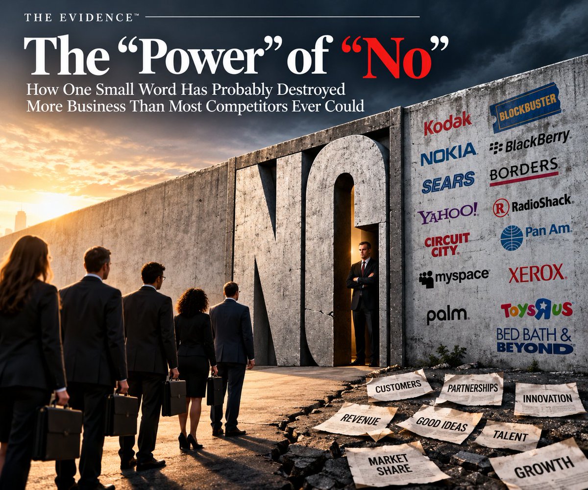 KimWojcinski's tweet photo. The sharper connective tissue is not that every company literally said “no,” but that many exhibited the same institutional pathology: success hardened into certainty, certainty became arrogance, and arrogance made contrary evidence easier to dismiss.

THE EVIDENCE™

BONUS EDITION

THE “POWER” OF “NO”

How One Small Word May Have Destroyed More Business Than Most Competitors Ever Could

The evidence will be presented. The verdict is yours.

Business schools teach strategy, finance, marketing, leadership and competitive advantage, yet one of the most powerful forces inside many companies requires no degree, training or analytical ability.

The word is “no.”

No, we do not do that. No, that is not our policy. No, we are not interested. No, you cannot speak with that person. No, management would never approve it. No, we have never done it that way.

The beauty of “no” is its efficiency. It requires almost no investigation, creativity or understanding of the opportunity being rejected, and the person issuing it frequently bears none of the economic consequences when that opportunity disappears.

Companies can spend millions generating leads, building brands, attracting customers and developing strategic relationships, then place employees between those opportunities and the people authorized to evaluate them. Marketing spends a fortune making the telephone ring, somebody answers it, says no, and the opportunity disappears before management ever knows it existed.

That is what makes this form of loss so dangerous: it is usually invisible.

A bad debt appears on the books. A canceled contract can be measured. A failed advertising campaign can be analyzed. The customer, partnership, referral or cross-selling opportunity dismissed before evaluation produces no invoice, accounting entry or variance report.

Perhaps annual reports need a new category:

Revenue We Never Earned Because Someone Said No Before Asking a Question.

The problem reaches well beyond sales. An employee proposes a process improvement. A customer asks for a reasonable accommodation. A vendor suggests a new channel. Someone identifies an inefficient procedure. A manager proposes testing an unfamiliar idea.

“No.”

Eventually the organization becomes exceptionally good at preventing mistakes because it has become equally good at preventing opportunity.

THE CORPORATE ROGUES’ GALLERY

Business history is crowded with companies that discovered, usually too late, what happens when yesterday’s success becomes tomorrow’s blind spot.

Kodak helped pioneer digital photography while remaining economically and culturally attached to film.

Blockbuster watched home entertainment move away from the store-centered rental model it had dominated.

Borders entered the digital era while remaining heavily dependent upon physical bookstores.

Nokia dominated mobile phones, yet organizational dysfunction, bureaucracy and strategic inertia impaired its response as competition shifted toward software platforms and app ecosystems. Researchers studying Nokia later described conservatism, hubris and deteriorating strategic decision-making as recurring problems inside the company.

BlackBerry possessed one of the strongest positions in mobile communications, then watched consumer expectations move toward touchscreen devices, richer software ecosystems and broader applications.

Sears once represented American retail power but failed to translate its extraordinary distribution heritage into leadership in the emerging digital retail economy.

RadioShack possessed thousands of locations and enormous consumer recognition, yet struggled to find a durable role as electronics retailing changed around it.

Circuit City surrendered ground while competitors changed how electronics were sold and consumers increasingly moved online.

Pan Am once symbolized international aviation, but prestige could not compensate indefinitely for strategic and financial weaknesses.

Yahoo possessed enormous traffic, brand recognition and an early position in the Internet economy, yet repeatedly struggled to convert those advantages into durable strategic leadership.

MySpace once dominated social networking before Facebook changed the product, experience and competitive architecture around it.

Xerox became so synonymous with photocopying that its name became a verb, while technologies developed around its own research ecosystem helped shape the personal-computing revolution elsewhere.

Palm was once nearly synonymous with handheld computing but could not preserve that position as the smartphone absorbed the category.

Toys “R” Us commanded enormous brand recognition and category presence while retail economics and consumer behavior shifted toward online commerce and mass merchants.

Bed Bath & Beyond spent years operating one of America’s most recognizable retail brands while changes in e-commerce, merchandising and competition steadily weakened the model.

These businesses did not fail for one reason, and several of the names above survived in altered forms. Economic conditions, debt, competition, execution, technology and capital allocation all played different roles.

But look beneath the individual histories and a recurring set of attributes begins to appear.

Corporate arrogance.

Success creates evidence that management is right. Continued success creates more evidence. Eventually the organization begins confusing a strategy that worked with a strategy that must continue working.

Then comes institutional inertia. Existing revenue streams, organizational charts, compensation structures, distribution systems and internal power centers all become reasons to defend what already exists.

Then comes confirmation bias. Information supporting the established model travels upward comfortably. Information threatening it becomes inconvenient.

Then comes bureaucratic insulation. The people closest to customers, competitors and emerging technologies may recognize the threat before senior management does, yet large organizations can become extraordinarily efficient at filtering uncomfortable information before it reaches the top.

Then comes perhaps the most dangerous stage:

The company stops asking whether the market is changing and starts explaining why the market is wrong.

That is the corporate version of “no.”

No, customers will not want that.

No, that technology will never replace ours.

No, consumers will not change that quickly.

No, the competitor cannot make money doing it that way.

No, our brand is too strong.

No, our customers are too loyal.

No, we have plenty of time.

Sometimes the most expensive word in business never needs to be spoken aloud.

It becomes a culture.

This is not an argument for indiscriminate approval. Businesses need compliance controls, underwriting standards, credit policies and operational boundaries. There is, however, an enormous difference between evaluating an opportunity and declining it and preventing the opportunity from being evaluated at all.

The answer is not to replace “no” with “yes.”

It is to replace reflexive rejection with curiosity.

What is being proposed? What evidence supports it? What could invalidate our current assumptions? What is the downside? Can the exposure be limited? Can it be tested? Who should evaluate it?

Those questions require thought.

A reflexive “no” requires almost none.

Competitors can take customers. Recessions can reduce demand. Costs can rise. Technology can disrupt an industry. Yet some businesses quietly destroy enormous amounts of opportunity without outside assistance because their own systems become designed to preserve yesterday rather than investigate tomorrow.

Nokia provides an unusually well-documented example. Research based on interviews with company insiders found that organizational fear, filtered information, bureaucracy and overconfidence in internal capabilities contributed to strategic paralysis as the smartphone market changed.

Eventually the competitor does not have to kill the opportunity.

The organization can do it itself.

One “no” at a time.

The evidence has been presented. The verdict is yours.