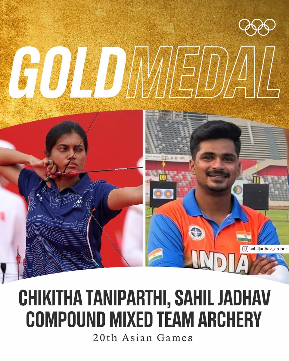 kishanreddybjp's tweet photo. 𝐀 𝐆𝐨𝐥𝐝𝐞𝐧 𝐀����𝐦 𝐟𝐨𝐫 𝐁𝐡𝐚𝐫𝐚𝐭! 🥇🇮🇳

Heartiest congratulations to Chikitha Taniparthi and Sahil Jadhav on winning the Gold Medal in the Compound Mixed Team event at the #AsianGames2026.

A stellar display of precision, focus and teamwork that has brought another Gold to Bharat. Wishing the champions continued success and many more victories ahead!

#Cheer4Bharat