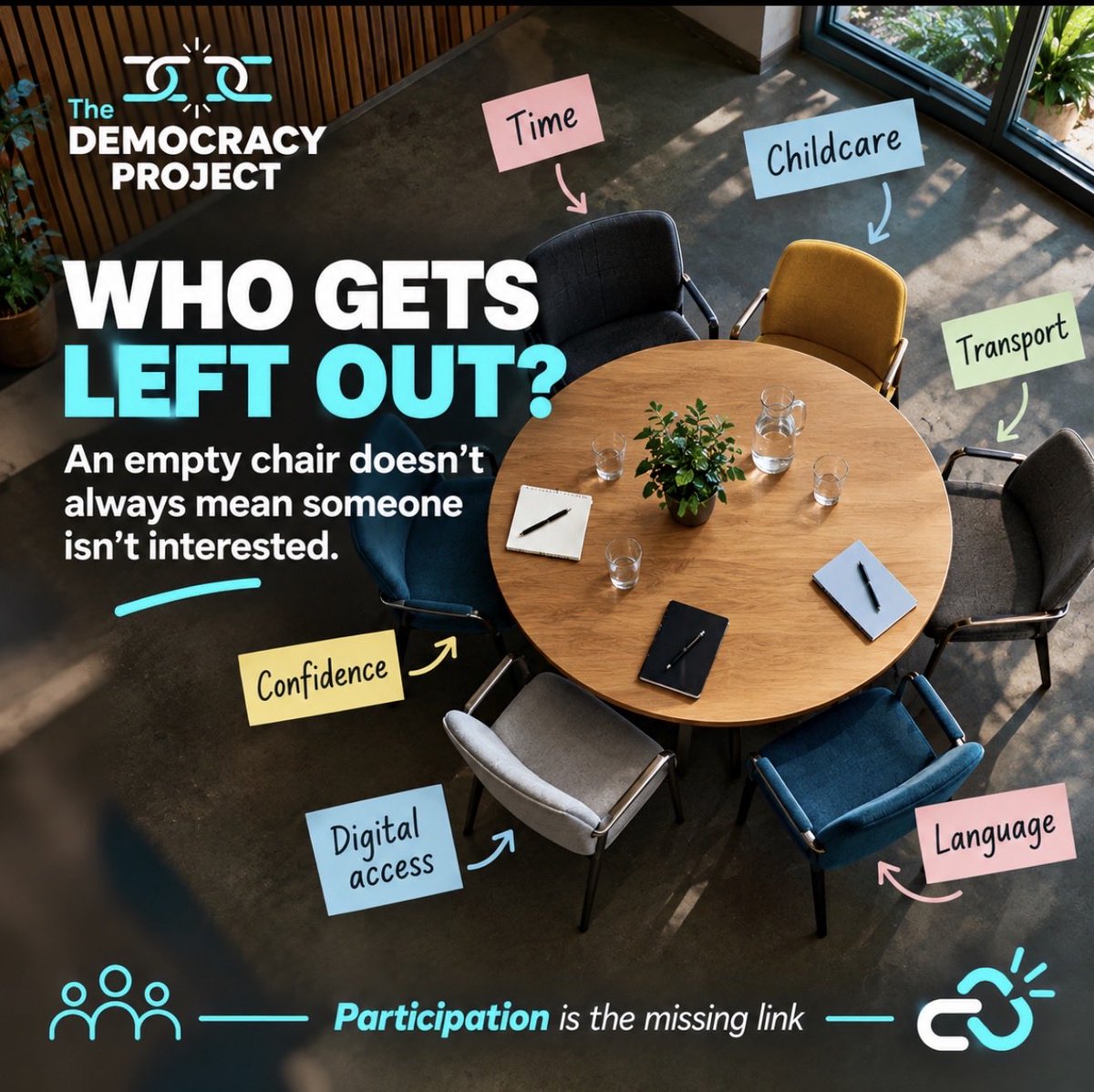 DemocracyProj_'s tweet photo. An empty chair ≠ apathy.

Time. Transport. Childcare. Confidence. Digital access. Language.

When we talk about participation, we should ask not only “Who came?”

but “Who couldn’t?”

#TheDemocracyProject https://t.co/FLa9u8JYBS