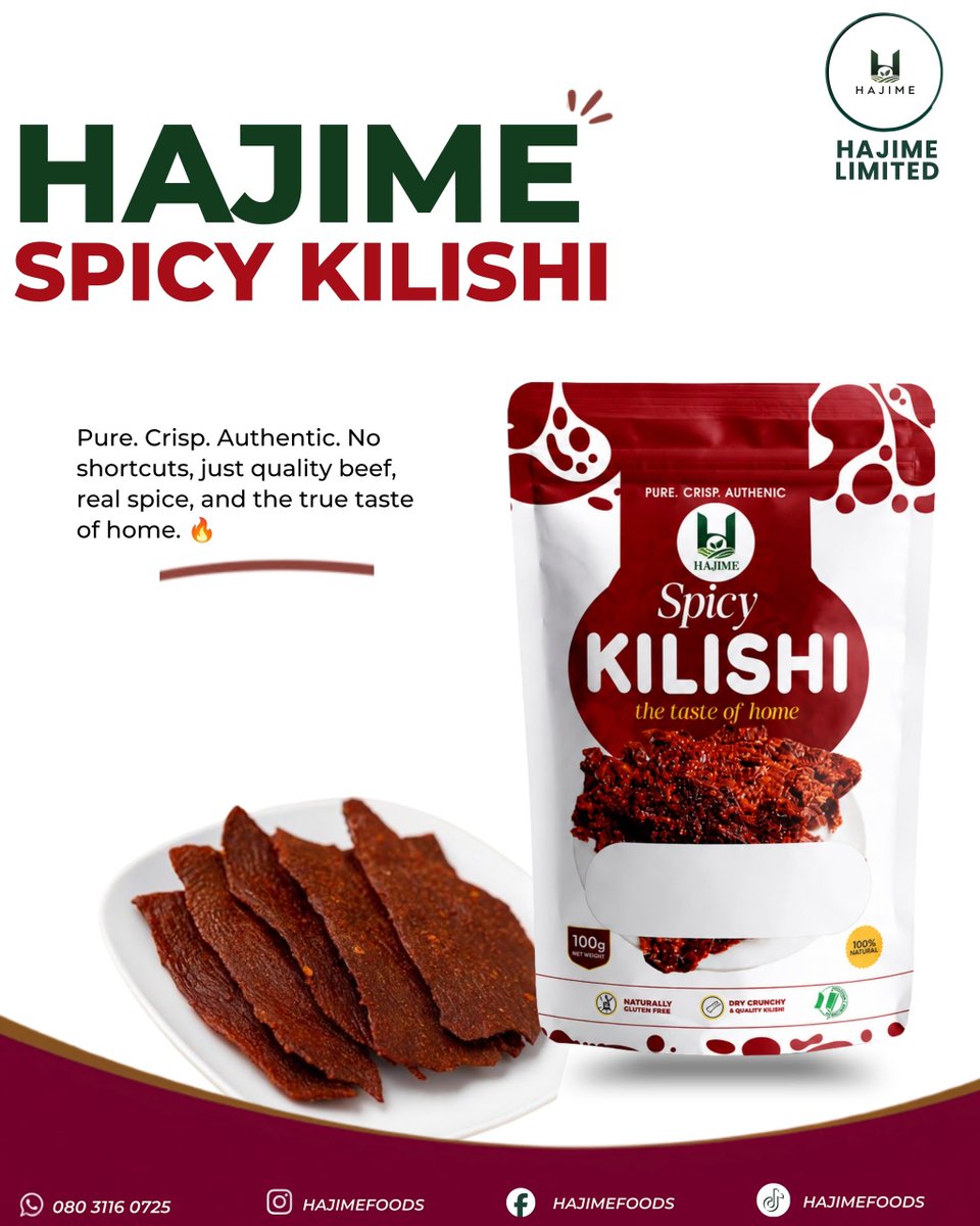 Hajimelimited's tweet photo. Happy Midweek! ☀️
Midweek is a good time to keep things simple, convenient and delicious. 😋

 Yam Flour— ₦6,000
Perfect for a quick, smooth and satisfying meal.

 Ijebu Garri— ₦2,500
Crunchy, refreshing and perfect anytime.

 Kilishi— ₦5,000
Rich, spicy,packed with flavour https://t.co/humRY8sT4Z