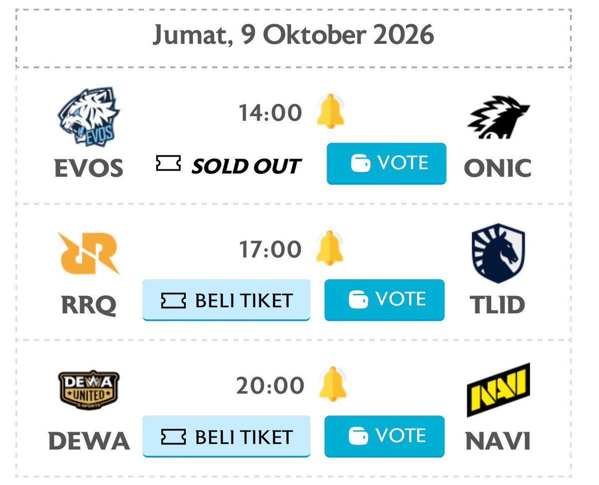 bhpbdcts's tweet photo. WTS Tiket MPL ID S18:
Week 7:
RRQ vs EVOS
Week 8:
EVOS vs ONIC
Bisa COD venue atau kirim PDF langsung. Price or Testi? DM atau WA 081249437976
#wts #mpl #mlbb #wtb #zonauang #tix #kingdom #sonic #fams https://t.co/pcdsU6irSk