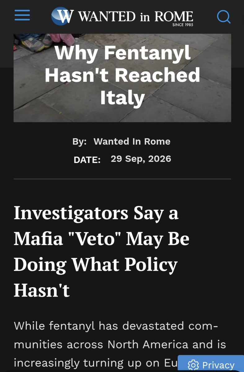 Charli3M00r3's tweet photo. Just read a news article that literally states that the reason there is no fentanyl crisis in Italy is because the mafia realizes it's such a needlessly harmful drug and they don't want that kind of disorder in the country (no good for the bottom line) https://t.co/UuvUBt7u3e