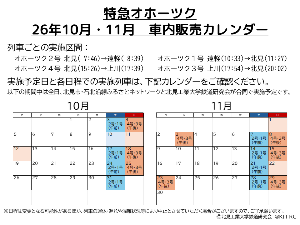 KIT_RC's tweet photo. 10月-11月の特急オホーツクでの #車内販売 実施が決定しました🎉

先月までと同じく、土曜朝はの２号・１号の遠軽～北見間、
日・祝の夕方は４号・３号の上川～北見間にて実施します🚃

鉄道グッズ🚈や、オホーツクの素材をつかったお菓子🍮などを用意してお待ちしています✨
https://t.co/mpzv3qwrXT https://t.co/hOzfDZ6Oir
