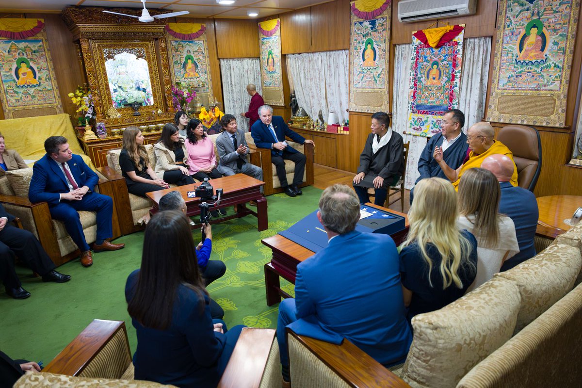 CTA_TibetdotNet's tweet photo. His Holiness the 14th Dalai Lama met with a bipartisan delegation from the United States Congress, led by Representative Brian Mast, Chairman of the House Foreign Affairs Committee, at His residence in Dharamshala on 30 September 2026.

The delegation included Representatives Brian Mast (R–Florida), James Gallagher (R–California), Jimmy Patronis (R–Florida), Haley Stevens (D–Michigan), and Shri Thanedar (D–Michigan). 

They were accompanied by Sikyong Penpa Tsering and Representative Jigme Tsering of the New Delhi-based Office of His Holiness the Dalai Lama.

Photo Courtesy: Tenzin Choejor | Office of His Holiness the Dalai Lama