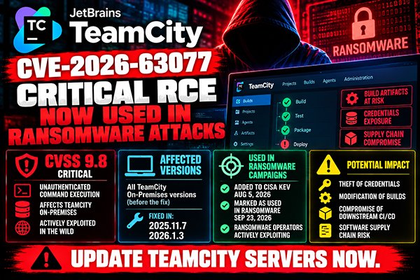 stem__shop's tweet photo. 🔴 TeamCity CVE-2026-63077 — now used in ransomware attacks
Critical unauthenticated RCE can expose credentials, build artifacts and downstream CI/CD pipelines. CISA confirms ransomware use
https://t.co/baFEnlhWJW
#CVE #CVE202663077 #TeamCity #JetBrains #Ransomware #CyberSecurity https://t.co/LtMRqHApMz