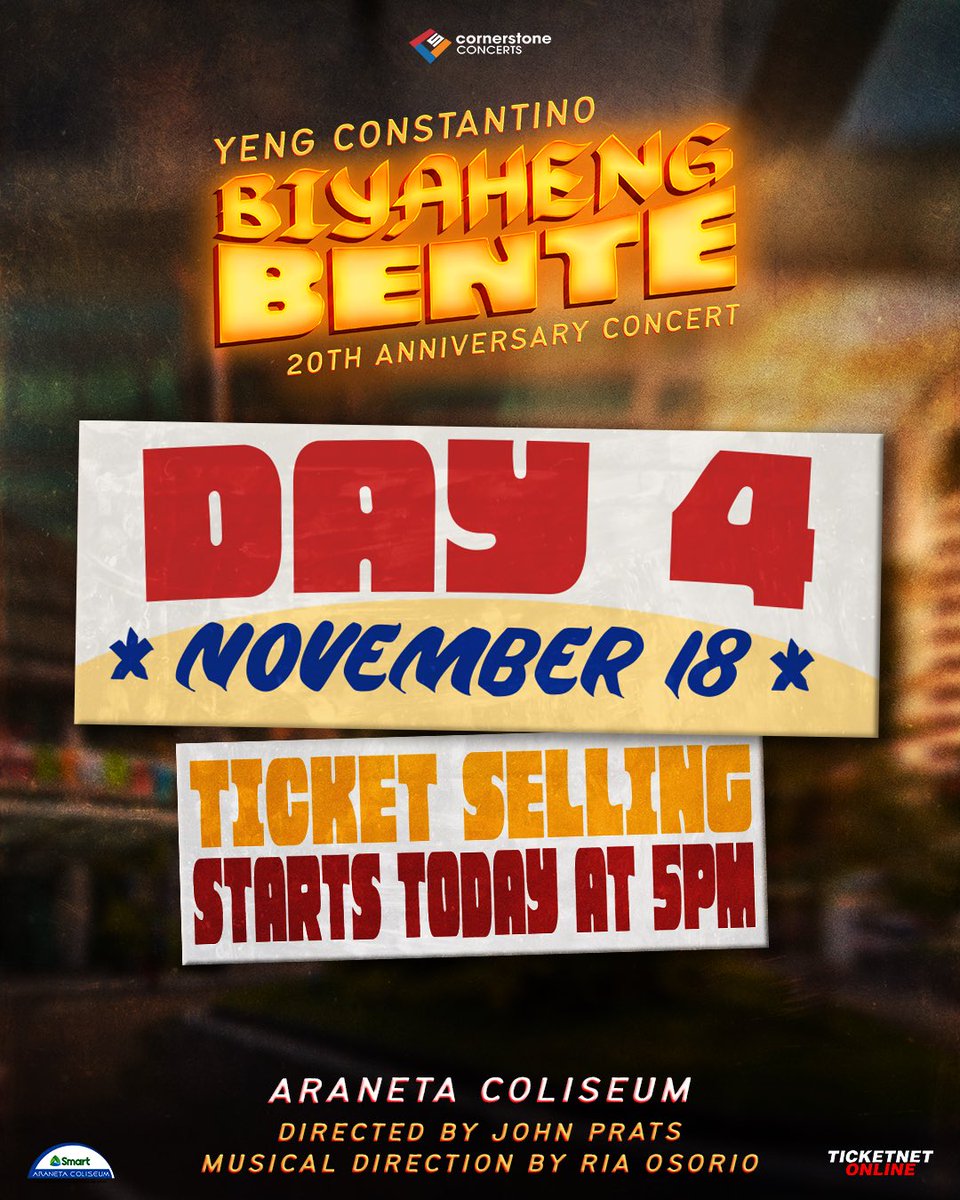 YengPLUGGEDin's tweet photo. HUMABOL KA NA!
DAHIL ANG BIYAHENG BENTE, MAY DAY 4!!! 

Palagi kaming nakikinig sa inyo.
Kaya hindi kami papayag na sa pangatlong biyahe, may maiiwan pa rin. 🫵😚

From one pasada to FOUR NIGHTS AT ARANETA!! 

TICKET SELLING FOR DAY 4 STARTS TODAY AT 5PM via TICKETNET! 

BIYAHENG BENTE
Live at The Big Dome
November 17-18, 2026
Directed by John Prats
Musical Direction by Ria Osorio

#YengConstantino
#JohnPrats
#BiyahengBente
#CornerstoneConcerts