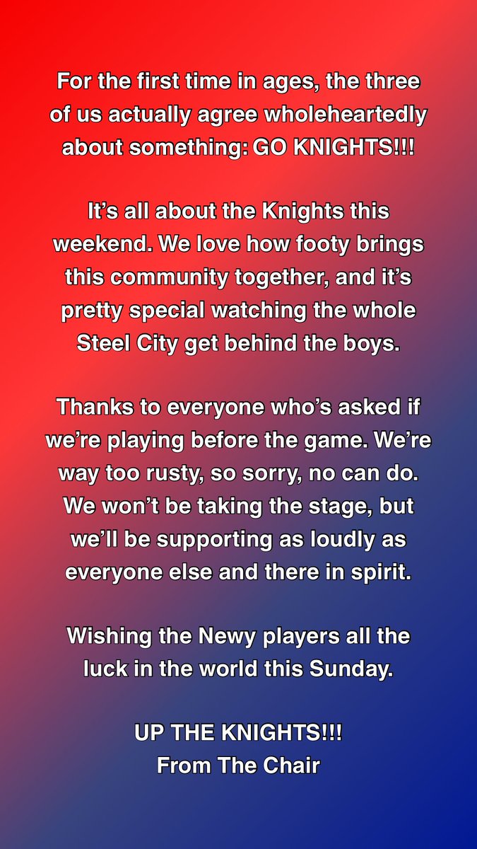 DanielJohnsHQ's tweet photo. Wishing the Newy players all the luck in the world this Sunday.

UP THE KNIGHTS!!! ❤️💙

From The Chair x https://t.co/qbIXVX4tAy