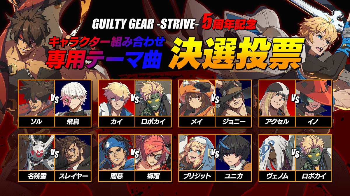 GUILTYGEAR_PR's tweet photo. #GGST 5周年記念「キャラクター組み合わせ専用テーマ曲」決選投票スタート！

先日実施���た一次投票の結果、得票上位8組が決選投票へ進出しました！
あなたが最もテーマ曲を聴いてみたい組み合わせに、ぜひご投票ください！

▼詳細はこちら
https://t.co/MK1Wt0vaOg

#ギルティギア https://t.co/0TROS0ORCT