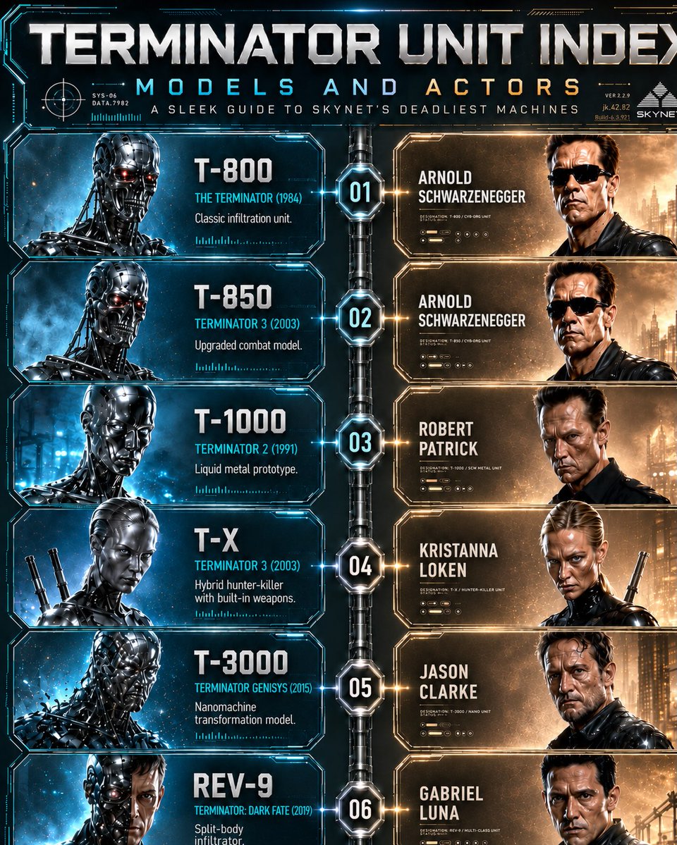 JOrDaN_LUvEr01's tweet photo. Photo by @legends30000 on September 01, 2026. May be an image of text about Skynet’s deadliest Terminator models and actors. https://t.co/Qd5LdZKs7I