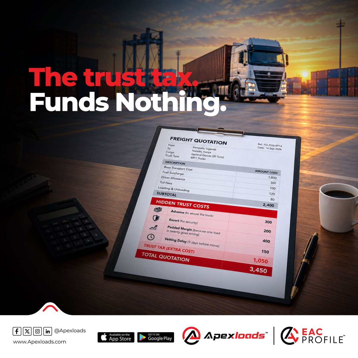 Apexloads's tweet photo. The Trust Tax Funds Nothing.
The advance you demand. The escort you pay for. The margin you pad. The three days of vetting. That is the trust tax, and unlike a real tax it funds nothing. Honest operators pay the most. #EACProfile #TrustTax #Apexloads https://t.co/PaIQWyOIKt