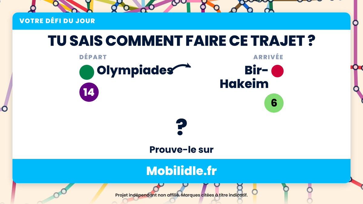 mobilidle's tweet photo. Le défi du 30 septembre 2026 : Olympiades → Bir-Hakeim.

Le meilleur trajet, pas le premier qui marche. Lien en bio.

#Mobilidle #IleDeFrance #Transports #Metro #RER #Transilien https://t.co/eTpMjdPidG