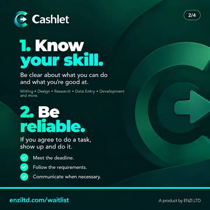 Enzi_ltd's tweet photo. What makes a good Tasker?
Skill. Reliability. Quality. Consistency.
Don’t just complete tasks. Build a track record.
#Cashlet #ENZILTD #Tasker #NigeriaTech https://t.co/z6beCTZviz