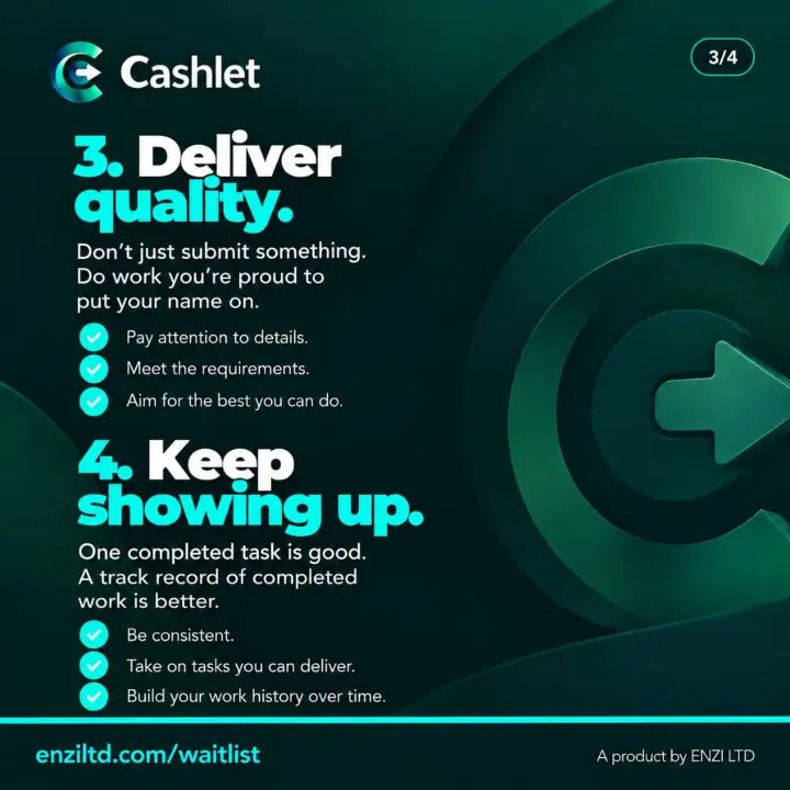 Enzi_ltd's tweet photo. What makes a good Tasker?
Skill. Reliability. Quality. Consistency.
Don’t just complete tasks. Build a track record.
#Cashlet #ENZILTD #Tasker #NigeriaTech https://t.co/z6beCTZviz