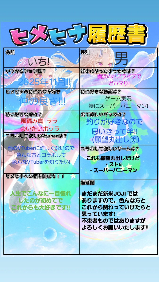 ichia0726's tweet photo. 皆さんと仲良くなりたいし有明ライブも近いので、履歴書を初めて作成してみました
まだまだ新参者の新米JOJIですが
皆さんと沢山交流出来ることを願っています!先輩JOJI の皆さんからぜひご指導のもとよろしくお願いいたします!
私なんかでよければぜひ繋がって下さい!
#ヒメヒナ履歴書
#ジョジ民の輪 https://t.co/hi8E921Z6Y