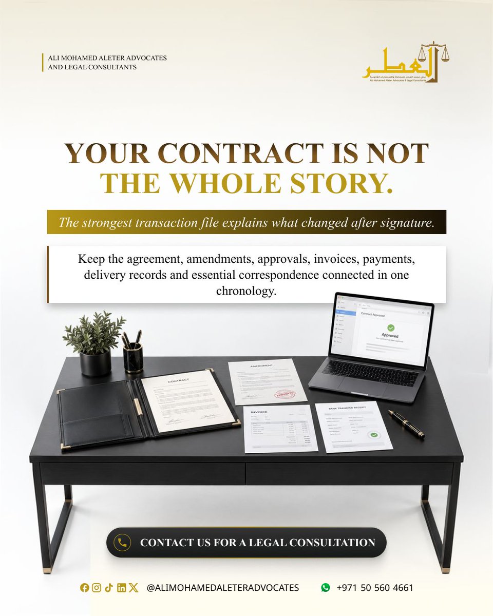 AliAleterUAE's tweet photo. Your contract is only part of the story. Keep amendments, approvals, invoices, payments and key correspondence connected in one clear record. 

📞 +971 50 560 4661 https://t.co/pmPRAtL9Us
