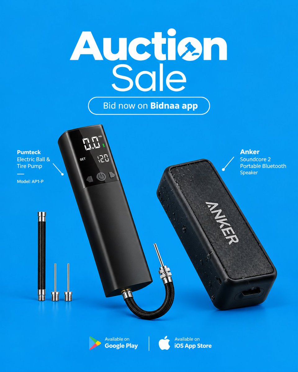 Bidnaatrade's tweet photo. Bid now on Pumteck electric ball & tire pump model: ap1-p and Anker soundcore 2 portable bluetooth speaker (used)
Open the app, place your bid and make them yours!
#Bidnaa #AuctionSale #BidNow #OnlineAuction #ShopNigeria #Blessedwednesday https://t.co/E9k9zKs6XF