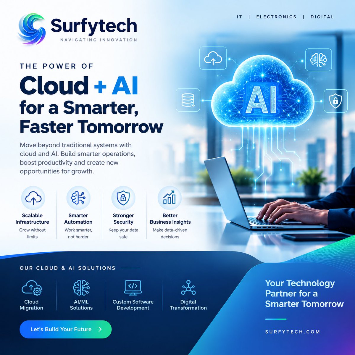 surfytech's tweet photo. Cloud + AI are changing how businesses build, operate &amp; scale. ☁️🤖

From intelligent automation to scalable infrastructure, modern technology can turn complex operations into smarter workflows.

🌐 https://t.co/GncDVTru6t

#AI #CloudComputing #DigitalTransformation https://t.co/9G6PkEGbT9