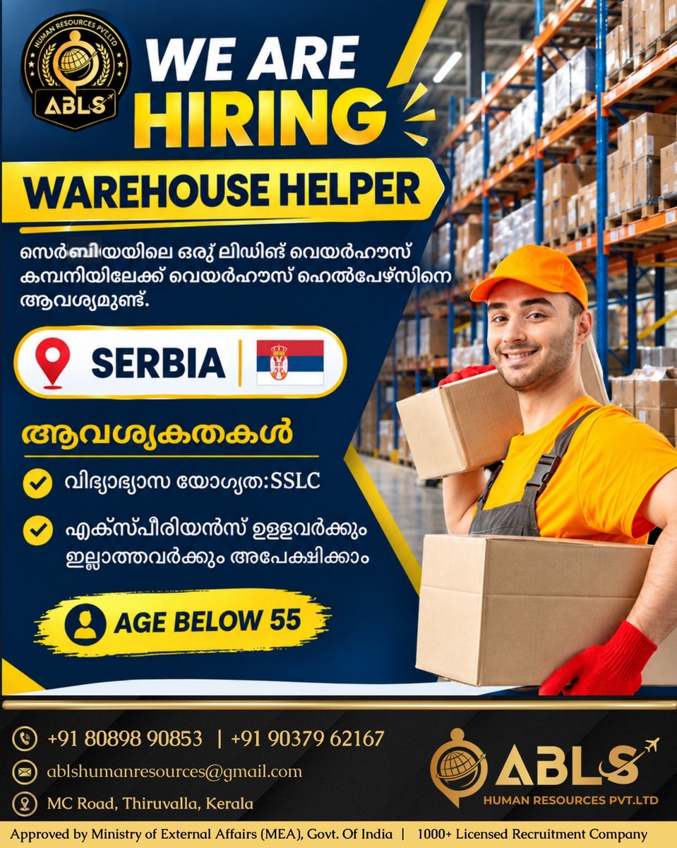 ABLS_HR's tweet photo. POSITION: - WAREHOUSE HELPER.
LOCATION: SERBIA
.
Call Us Today for a Job Abroad
Contact No: +91 813618195
.
Location: ABLS HUMAN RESOURCES PVT. LTD,
1st Floor, Kurishumoottil Buildings,
Mazhuvangad, Thiruvalla
.
FOR MORE VISIT: https://t.co/MLAjXlohSz
.
#abroadjobs #hiringnow https://t.co/K7PKLBVBs6