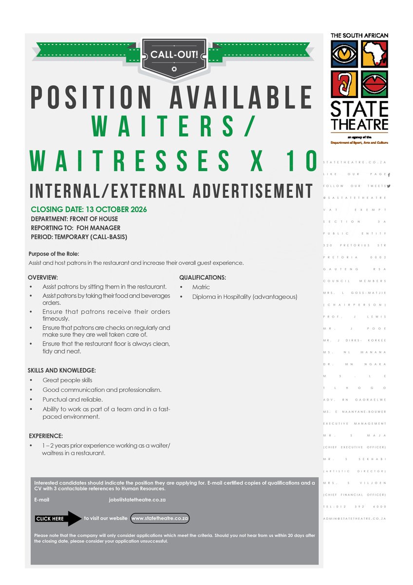 sastatetheatre's tweet photo. The South African State Theatre is looking for 10 Waiters/Waitresses to help create a memorable experience for our patrons. 

Closing date: 13 October 2026 jobs@statetheatre.co.za

#StateTheatre #WeAreHiring #HospitalityJobs #JobOpportunity https://t.co/jZp93yu9gM